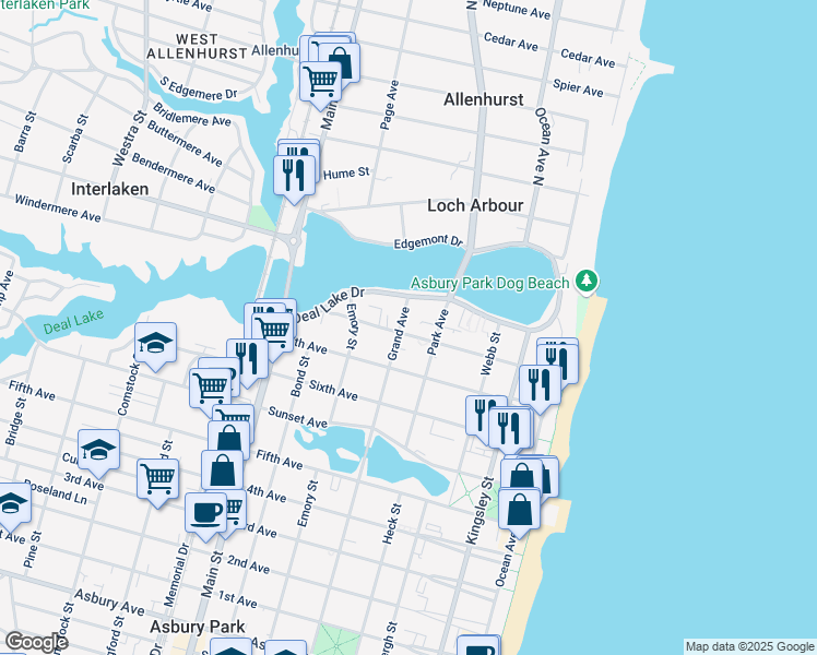 map of restaurants, bars, coffee shops, grocery stores, and more near 1700 Grand Avenue in Asbury Park