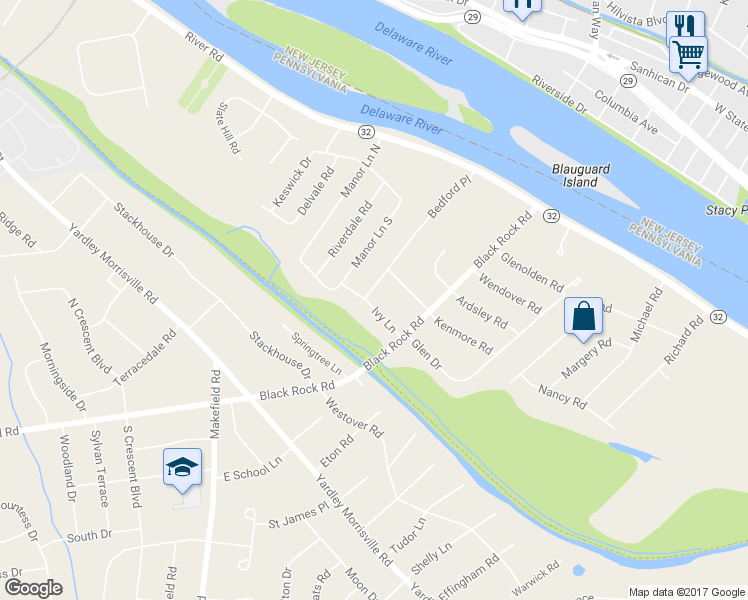 map of restaurants, bars, coffee shops, grocery stores, and more near 10 Ivy Lane in Yardley