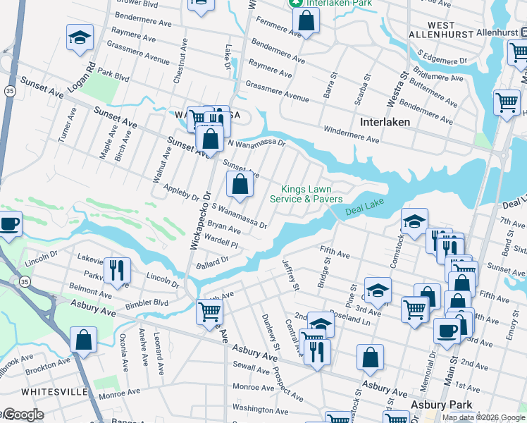 map of restaurants, bars, coffee shops, grocery stores, and more near 1315 Edgewood Avenue in Wanamassa