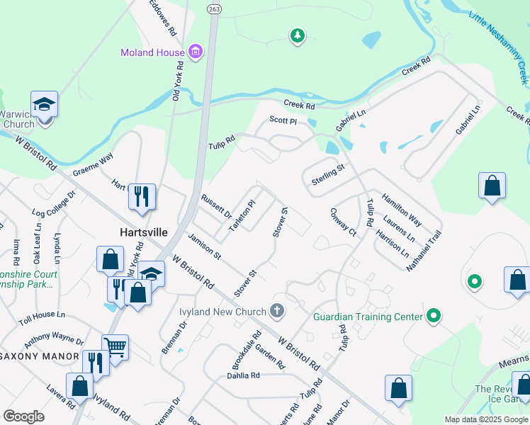 map of restaurants, bars, coffee shops, grocery stores, and more near 1550 Russett Drive in Warminster