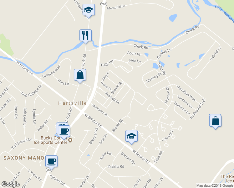 map of restaurants, bars, coffee shops, grocery stores, and more near 1528 Tarleton Place in Warminster