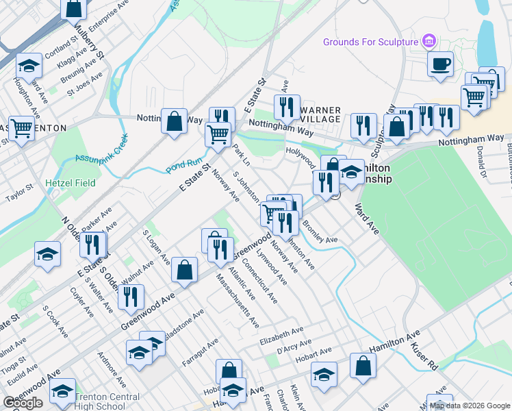 map of restaurants, bars, coffee shops, grocery stores, and more near 204 South Johnston Avenue in Hamilton Township