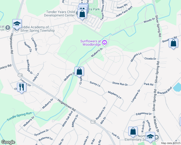 map of restaurants, bars, coffee shops, grocery stores, and more near 7 Stone Run Drive in Mechanicsburg