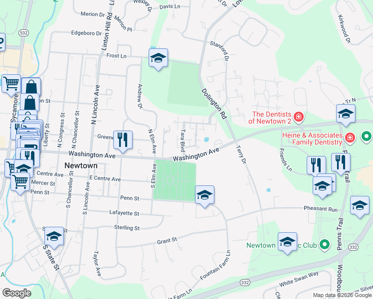 map of restaurants, bars, coffee shops, grocery stores, and more near 108 Tara Boulevard in Newtown