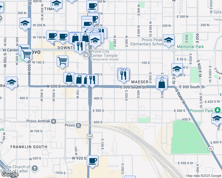 map of restaurants, bars, coffee shops, grocery stores, and more near 185 300 South in Provo