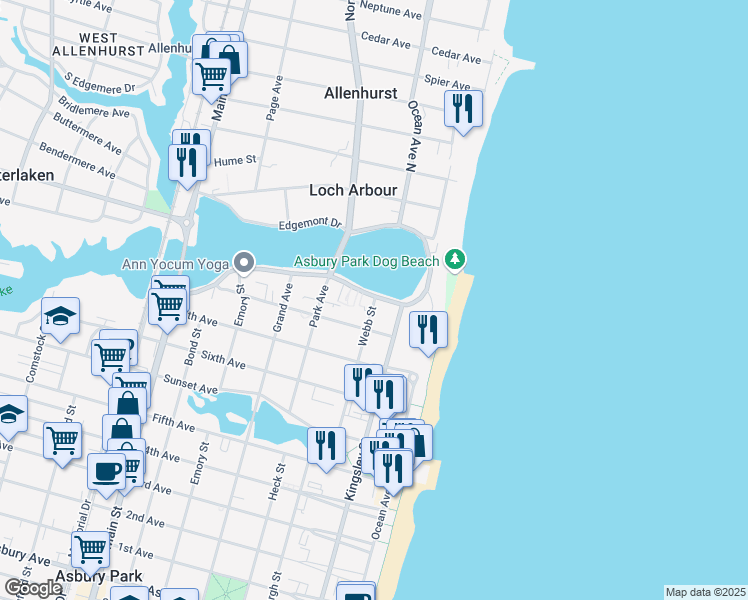 map of restaurants, bars, coffee shops, grocery stores, and more near 200 Deal Lake Drive in Asbury Park