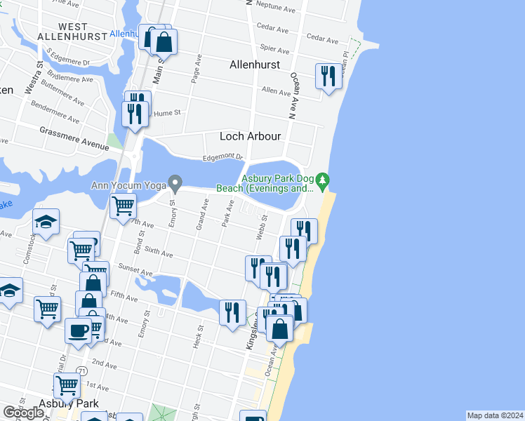 map of restaurants, bars, coffee shops, grocery stores, and more near 200 Deal Lake Drive in Asbury Park