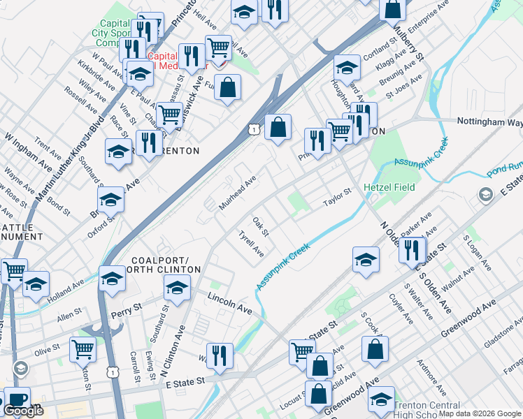 map of restaurants, bars, coffee shops, grocery stores, and more near 313 North Clinton Avenue in Trenton
