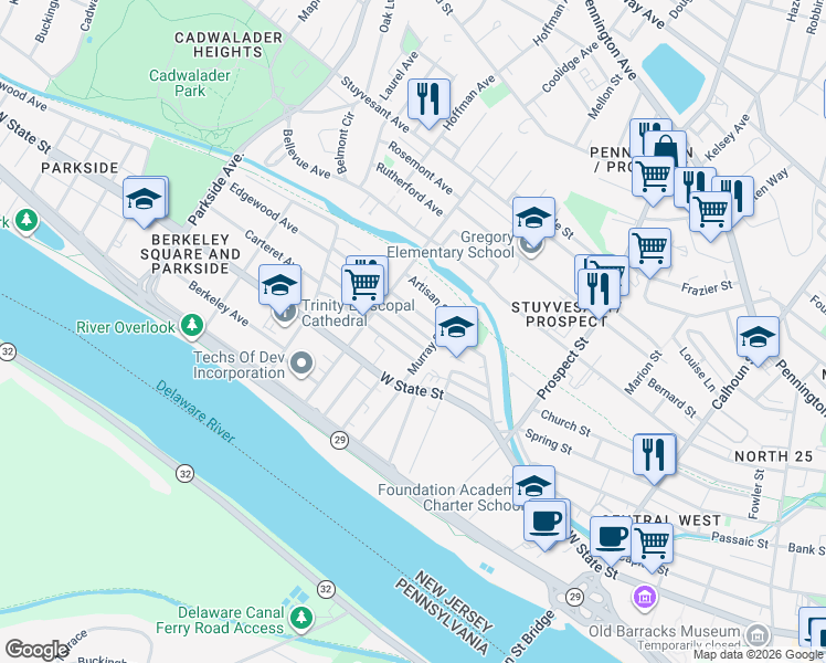 map of restaurants, bars, coffee shops, grocery stores, and more near 651 Edgewood Avenue in Trenton