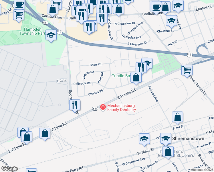 map of restaurants, bars, coffee shops, grocery stores, and more near 309 Keith Road in Mechanicsburg