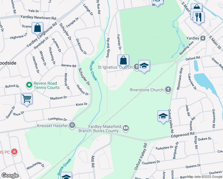 map of restaurants, bars, coffee shops, grocery stores, and more near 1140 Cambridge Court in Yardley
