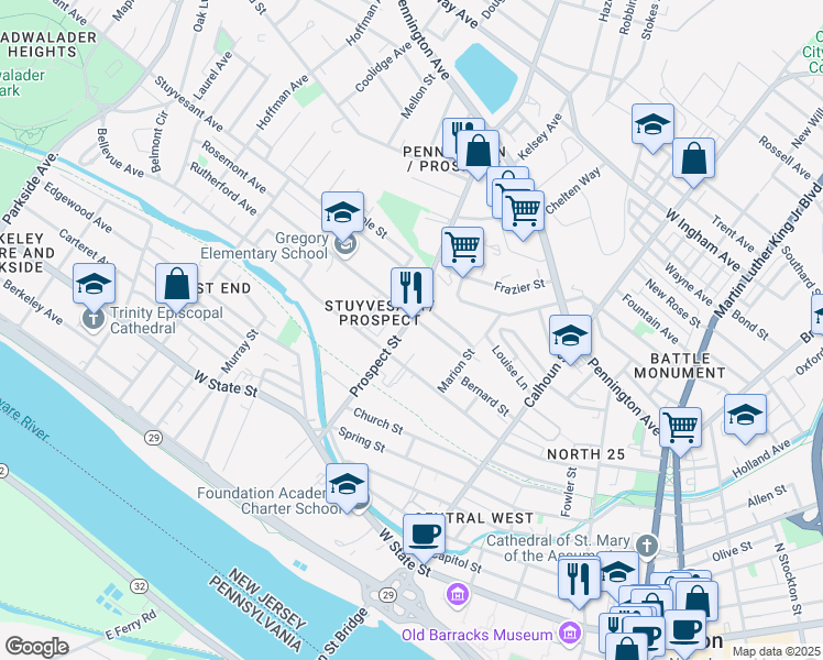 map of restaurants, bars, coffee shops, grocery stores, and more near 144 Prospect Street in Trenton