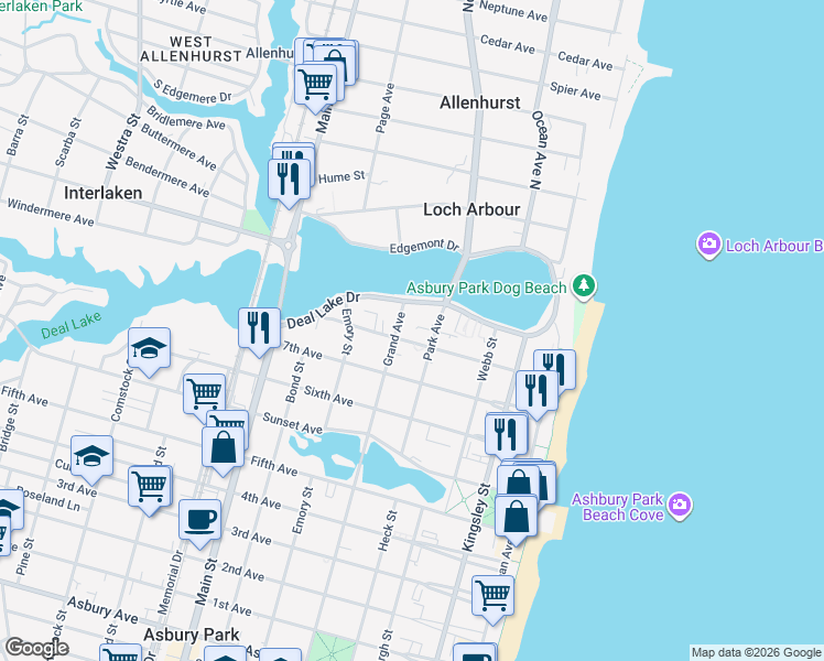 map of restaurants, bars, coffee shops, grocery stores, and more near 400 Deal Lake Drive in Asbury Park