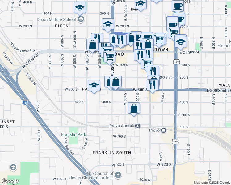 map of restaurants, bars, coffee shops, grocery stores, and more near 475 West 300 South in Provo