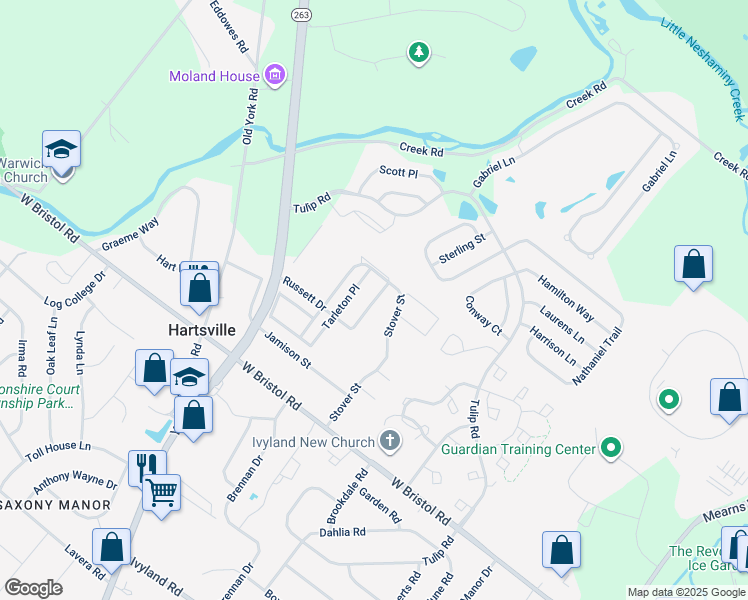map of restaurants, bars, coffee shops, grocery stores, and more near 1554 Russett Drive in Warminster