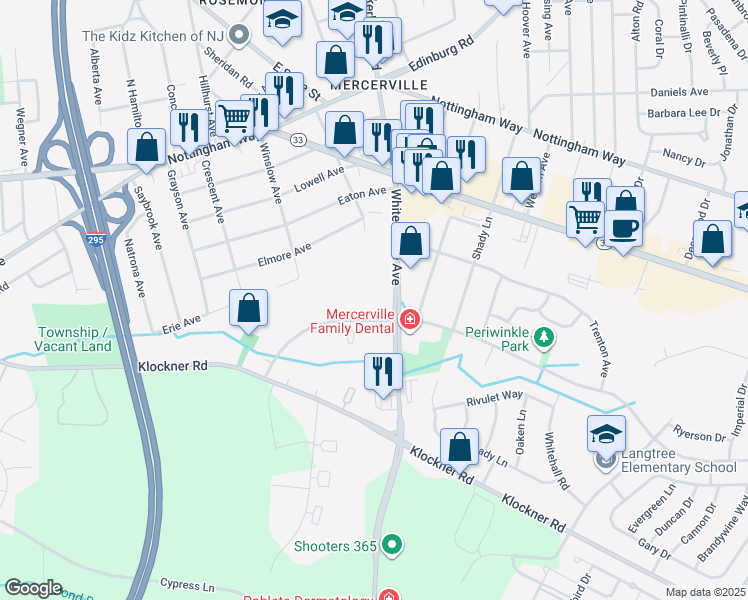 map of restaurants, bars, coffee shops, grocery stores, and more near 2240 Whitehorse Mercerville Road in Hamilton Township