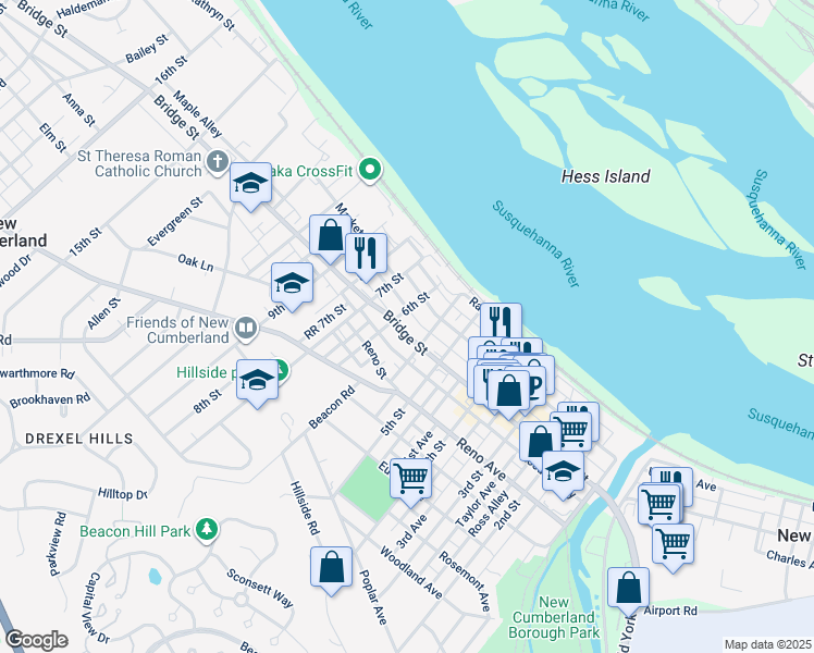 map of restaurants, bars, coffee shops, grocery stores, and more near 601 Bridge Street in New Cumberland