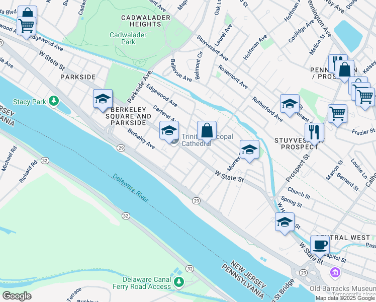 map of restaurants, bars, coffee shops, grocery stores, and more near 745 West State Street in Trenton