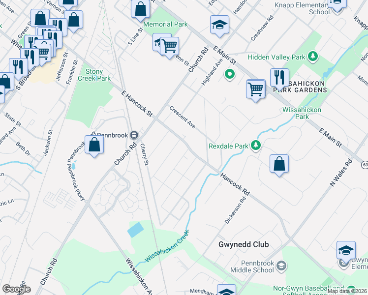 map of restaurants, bars, coffee shops, grocery stores, and more near 702 East Hancock Street in Lansdale