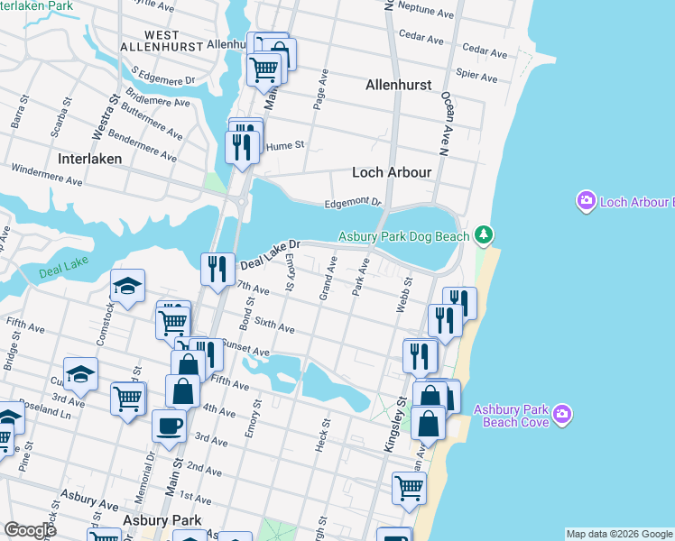 map of restaurants, bars, coffee shops, grocery stores, and more near 500 Deal Lake Drive in Asbury Park