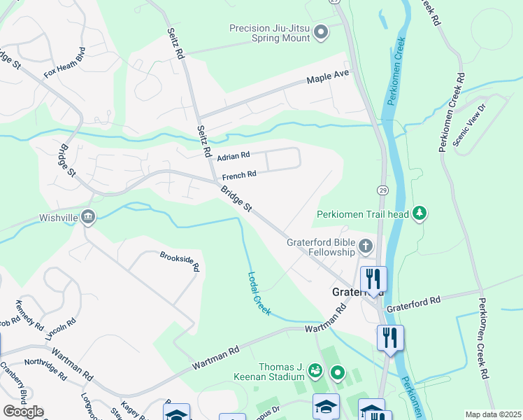 map of restaurants, bars, coffee shops, grocery stores, and more near 232 Bridge Street in Collegeville