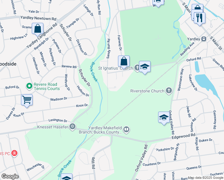 map of restaurants, bars, coffee shops, grocery stores, and more near 1140 Cambridge Court in Yardley
