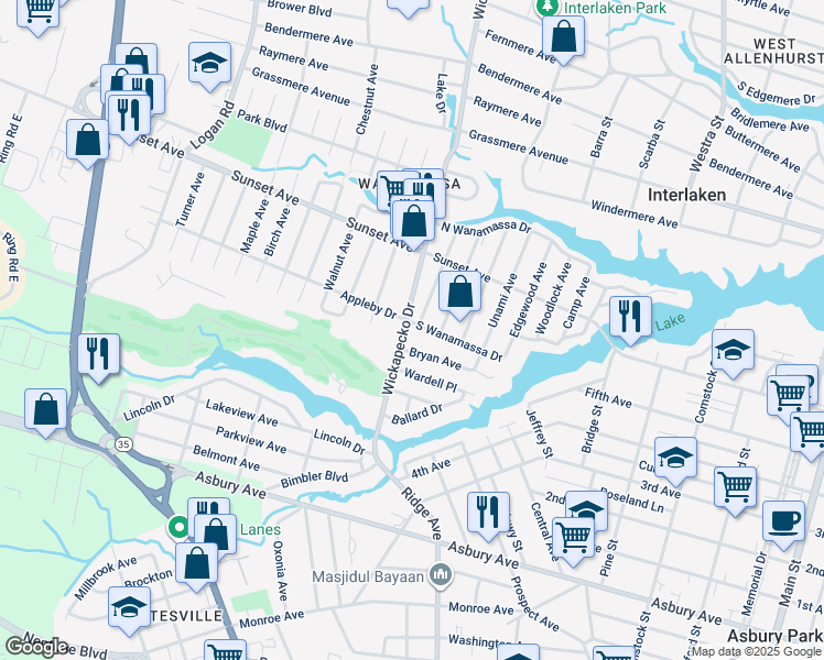 map of restaurants, bars, coffee shops, grocery stores, and more near 1299 Wickapecko Drive in Ocean Township