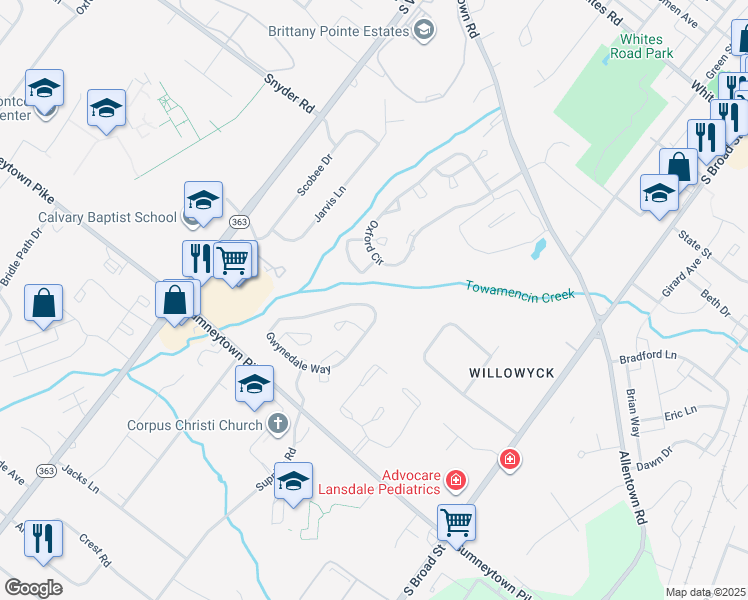 map of restaurants, bars, coffee shops, grocery stores, and more near 1344 Valley Drive in Lansdale