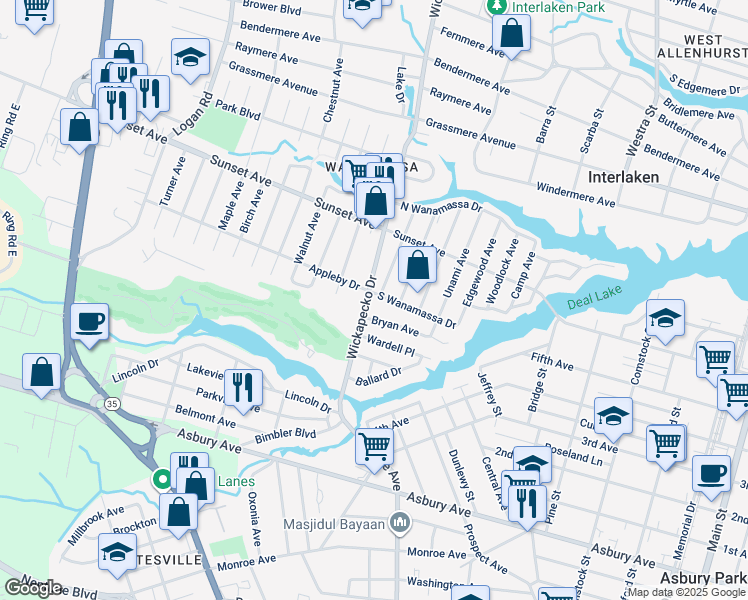 map of restaurants, bars, coffee shops, grocery stores, and more near 1299 Wickapecko Drive in Ocean Township