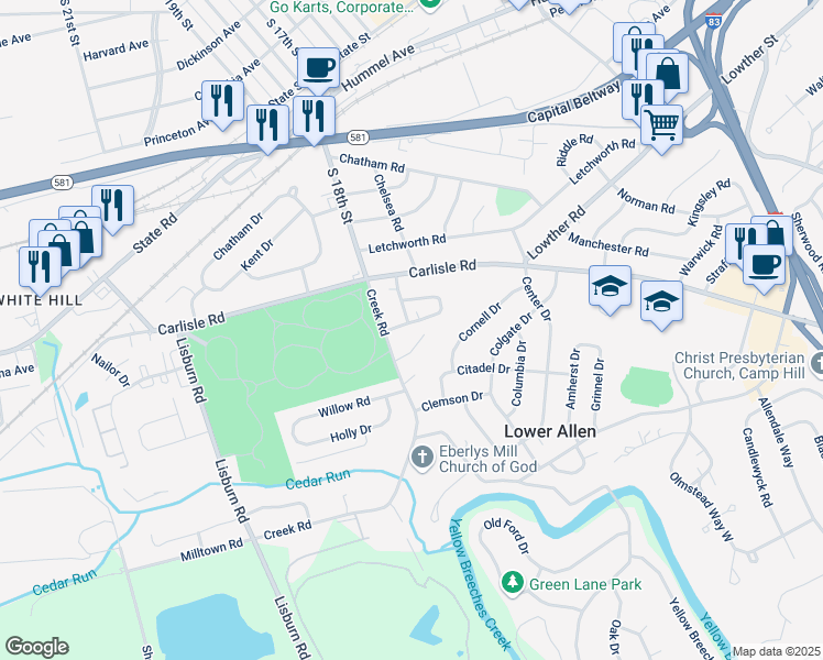 map of restaurants, bars, coffee shops, grocery stores, and more near 10 Village Road in Camp Hill