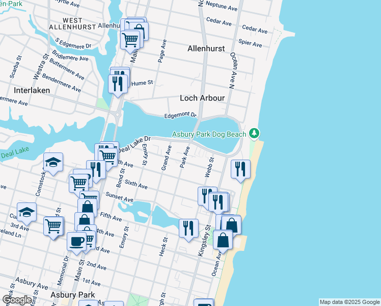map of restaurants, bars, coffee shops, grocery stores, and more near 400 Deal Lake Drive in Asbury Park