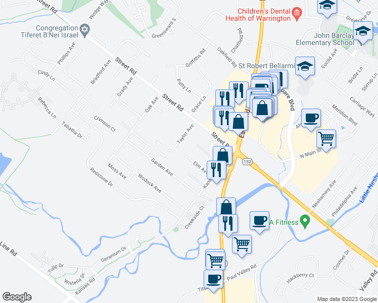 map of restaurants, bars, coffee shops, grocery stores, and more near 2155 Elm Avenue in Warrington