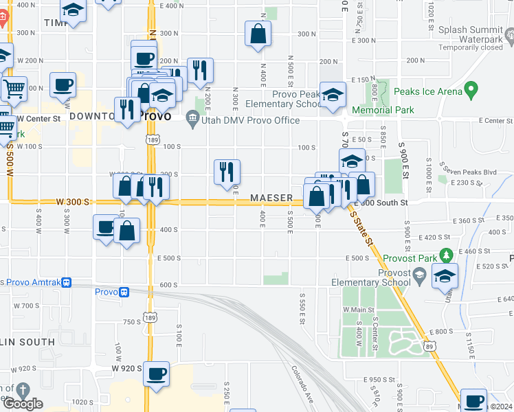 map of restaurants, bars, coffee shops, grocery stores, and more near 357 U.S. 89 in Provo