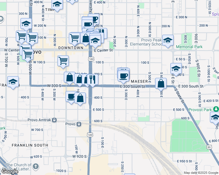 map of restaurants, bars, coffee shops, grocery stores, and more near 185 300 South in Provo