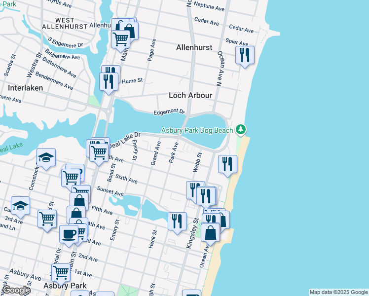 map of restaurants, bars, coffee shops, grocery stores, and more near 1 Deal Lake Court in Asbury Park