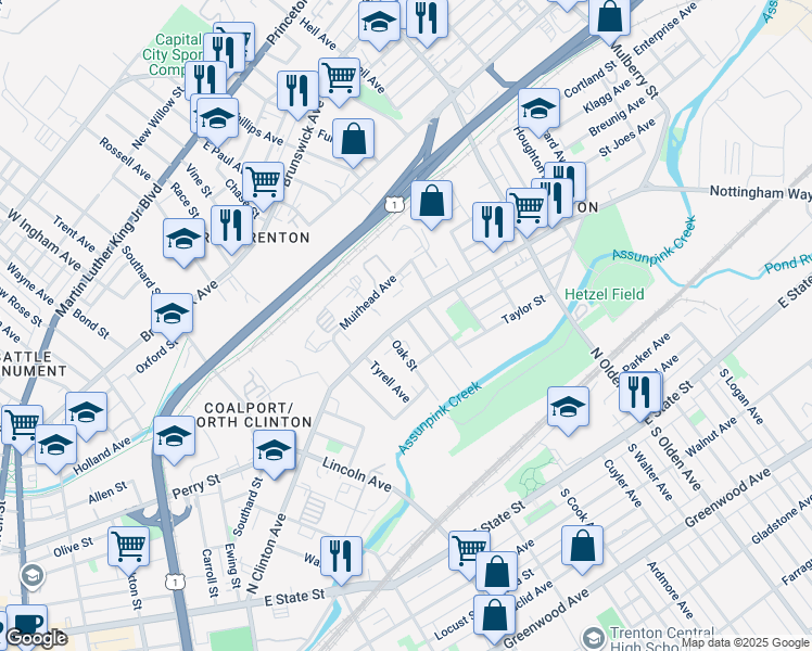 map of restaurants, bars, coffee shops, grocery stores, and more near 313 North Clinton Avenue in Trenton