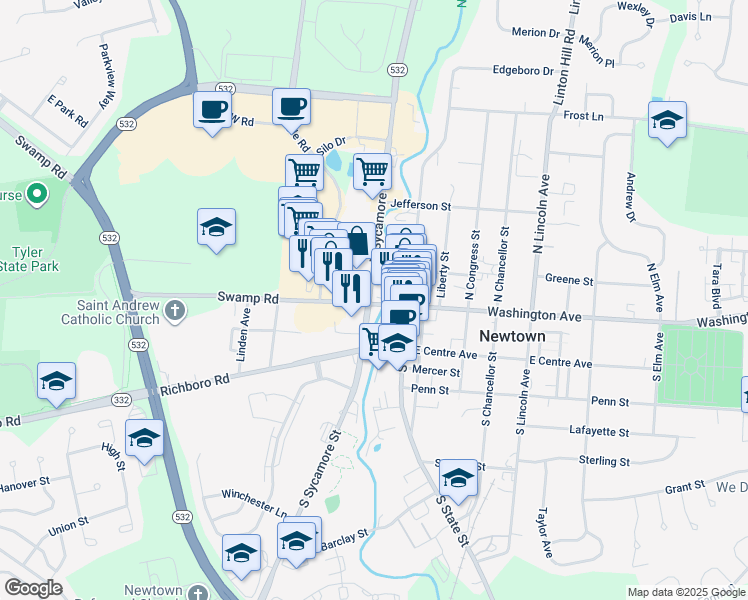 map of restaurants, bars, coffee shops, grocery stores, and more near 5 North Sycamore Street in Newtown
