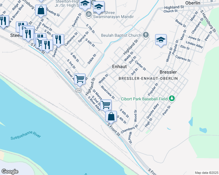 map of restaurants, bars, coffee shops, grocery stores, and more near 50 Brighton Street in Steelton