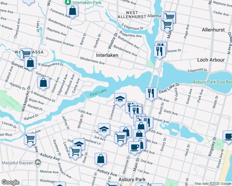 map of restaurants, bars, coffee shops, grocery stores, and more near 1505 Comstock Street in Asbury Park