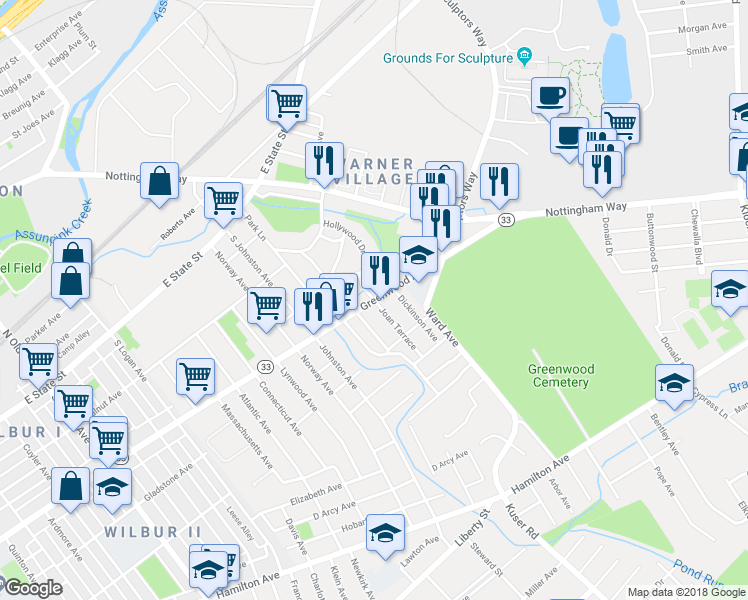 map of restaurants, bars, coffee shops, grocery stores, and more near Greenwood Ave & Joan Terrace in Hamilton Township