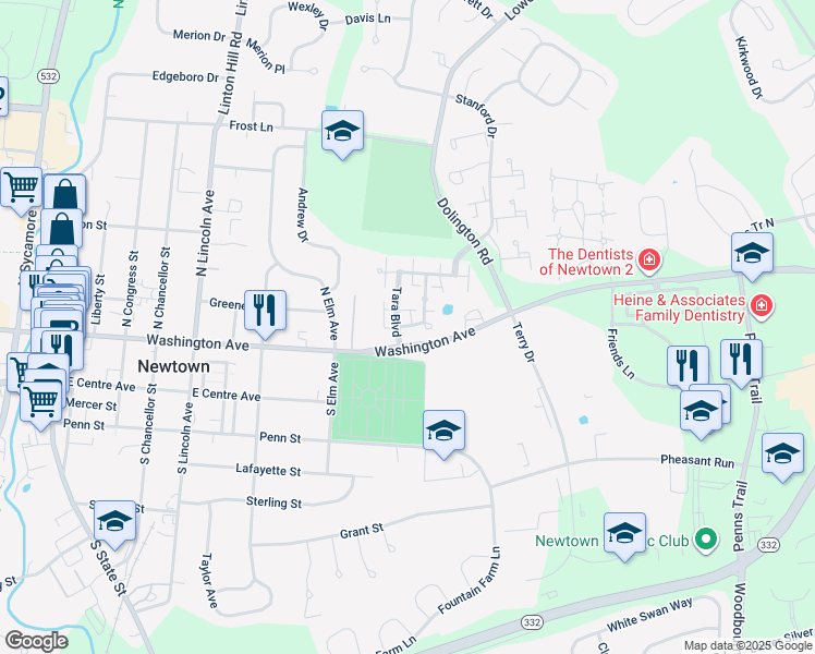 map of restaurants, bars, coffee shops, grocery stores, and more near 134 Hillborn Drive in Newtown