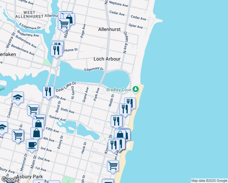 map of restaurants, bars, coffee shops, grocery stores, and more near Deal Lake Drive & Webb Street in Asbury Park