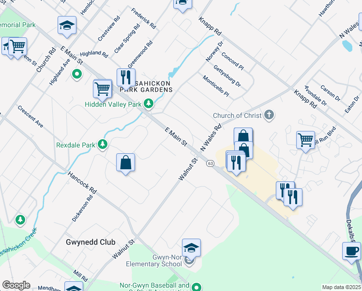 map of restaurants, bars, coffee shops, grocery stores, and more near 1034 East Main Street in Lansdale