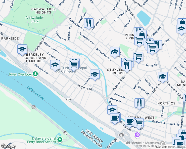 map of restaurants, bars, coffee shops, grocery stores, and more near 560 Edgewood Avenue in Trenton