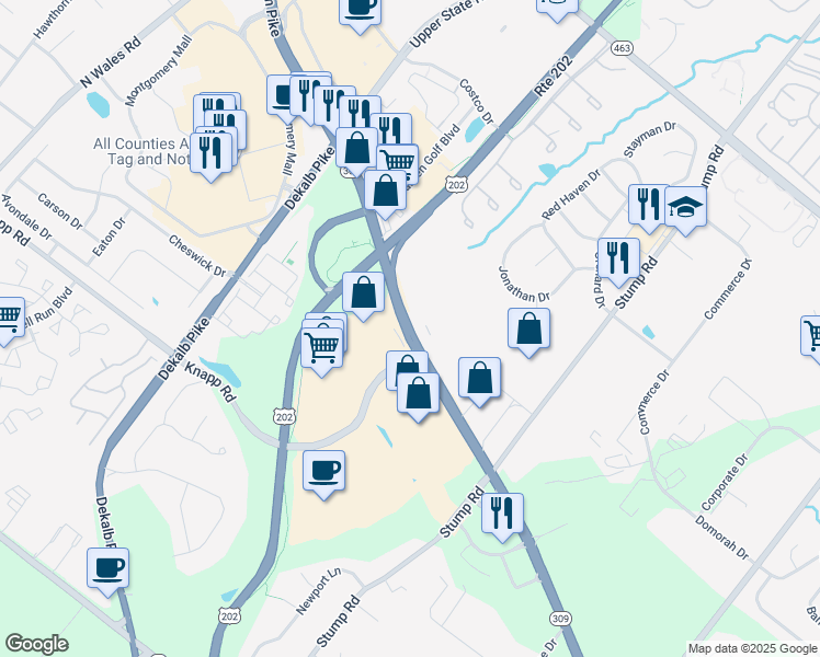 map of restaurants, bars, coffee shops, grocery stores, and more near 954 Bethlehem Pike in North Wales