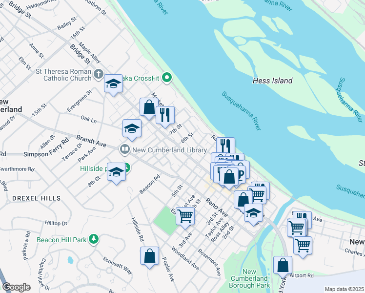 map of restaurants, bars, coffee shops, grocery stores, and more near 543 Bridge Street in New Cumberland