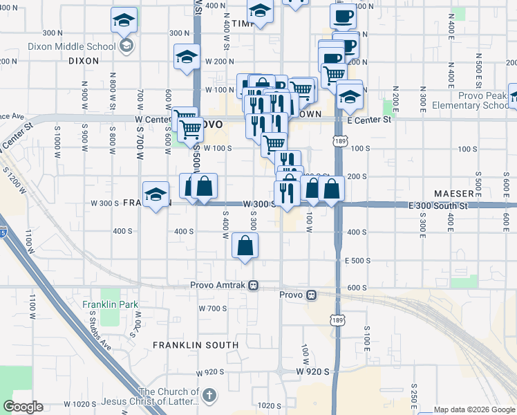 map of restaurants, bars, coffee shops, grocery stores, and more near 307 South 300 West in Provo