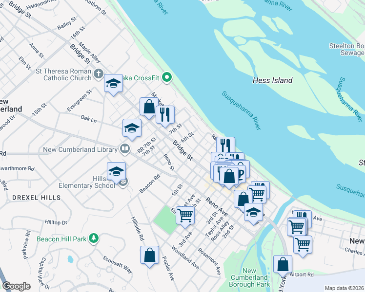 map of restaurants, bars, coffee shops, grocery stores, and more near 601 Bridge Street in New Cumberland