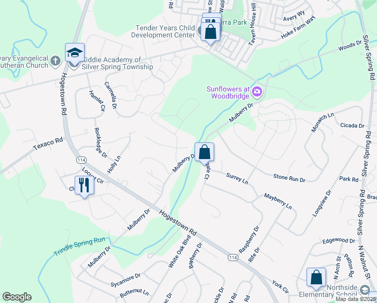 map of restaurants, bars, coffee shops, grocery stores, and more near 22 Hunt Place in Mechanicsburg