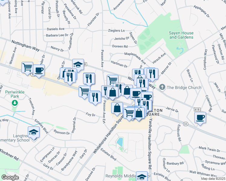 map of restaurants, bars, coffee shops, grocery stores, and more near 1100 New Jersey 33 in Hamilton Township